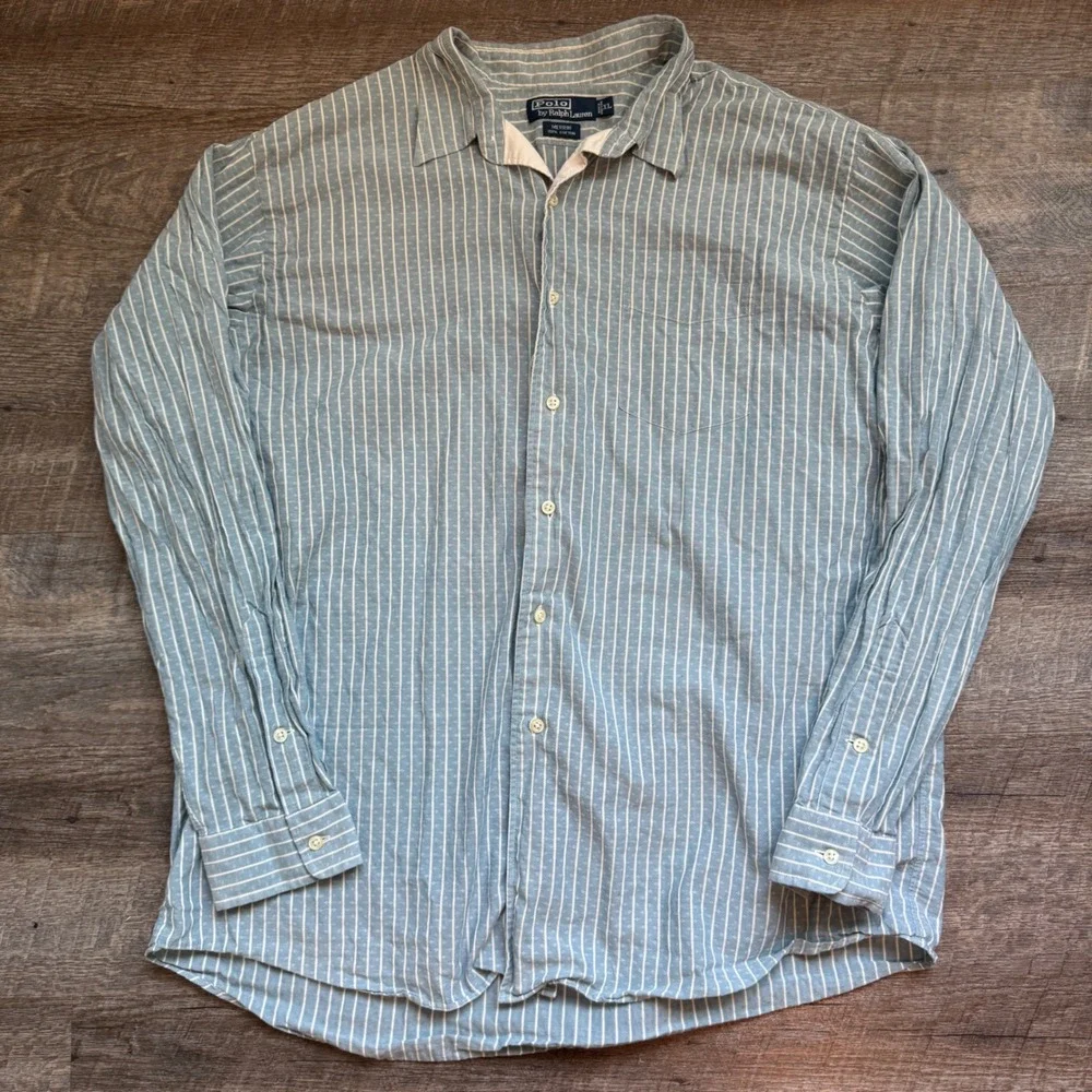 Polo Ralph Lauren Merrin Blue‎ White Striped Dobby Cotton Shirt Mens XL Summer